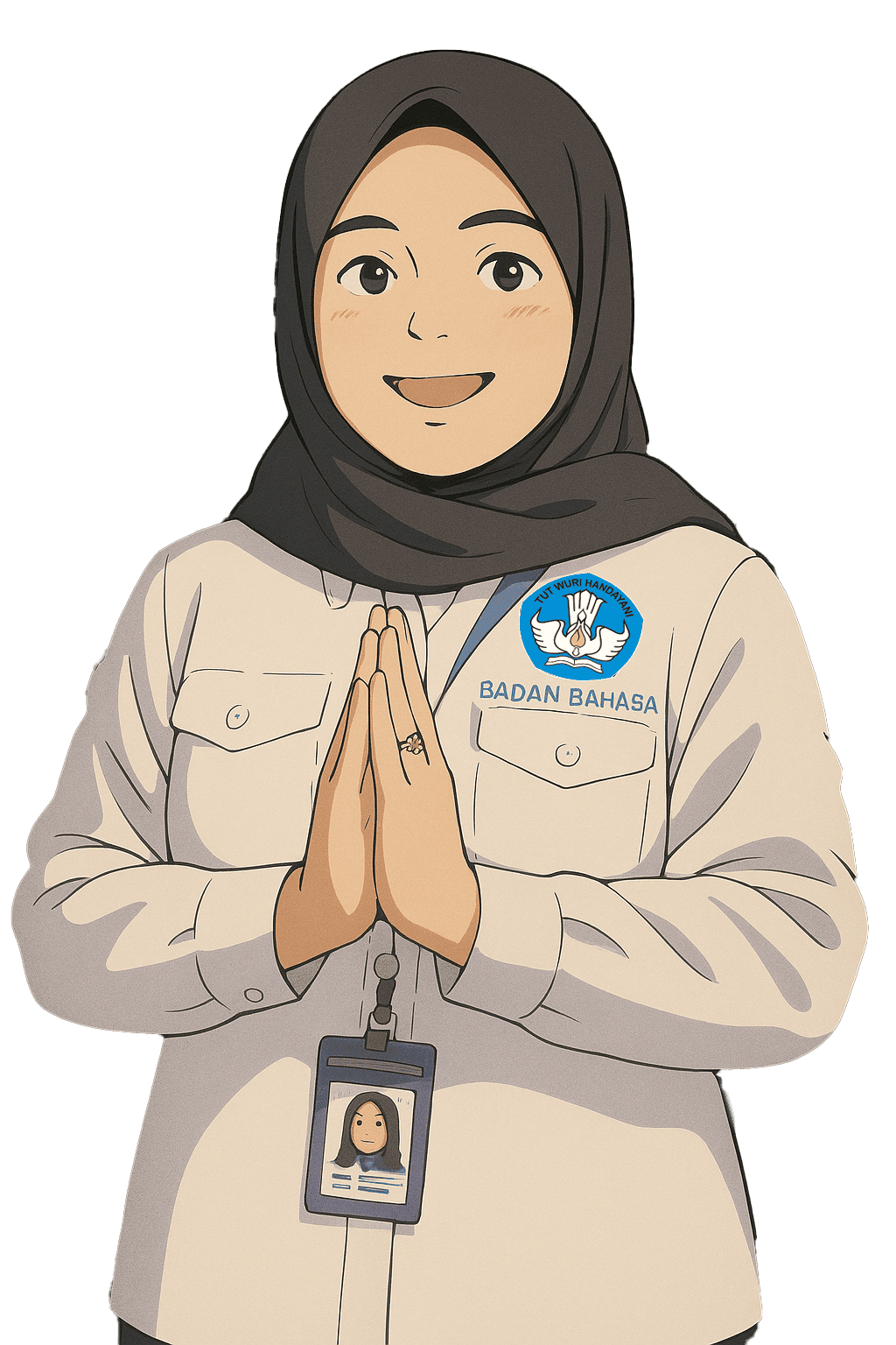 PPID Balai Bahasa Provinsi Jawa Tengah staff smiling with hands in prayer pose at official event.